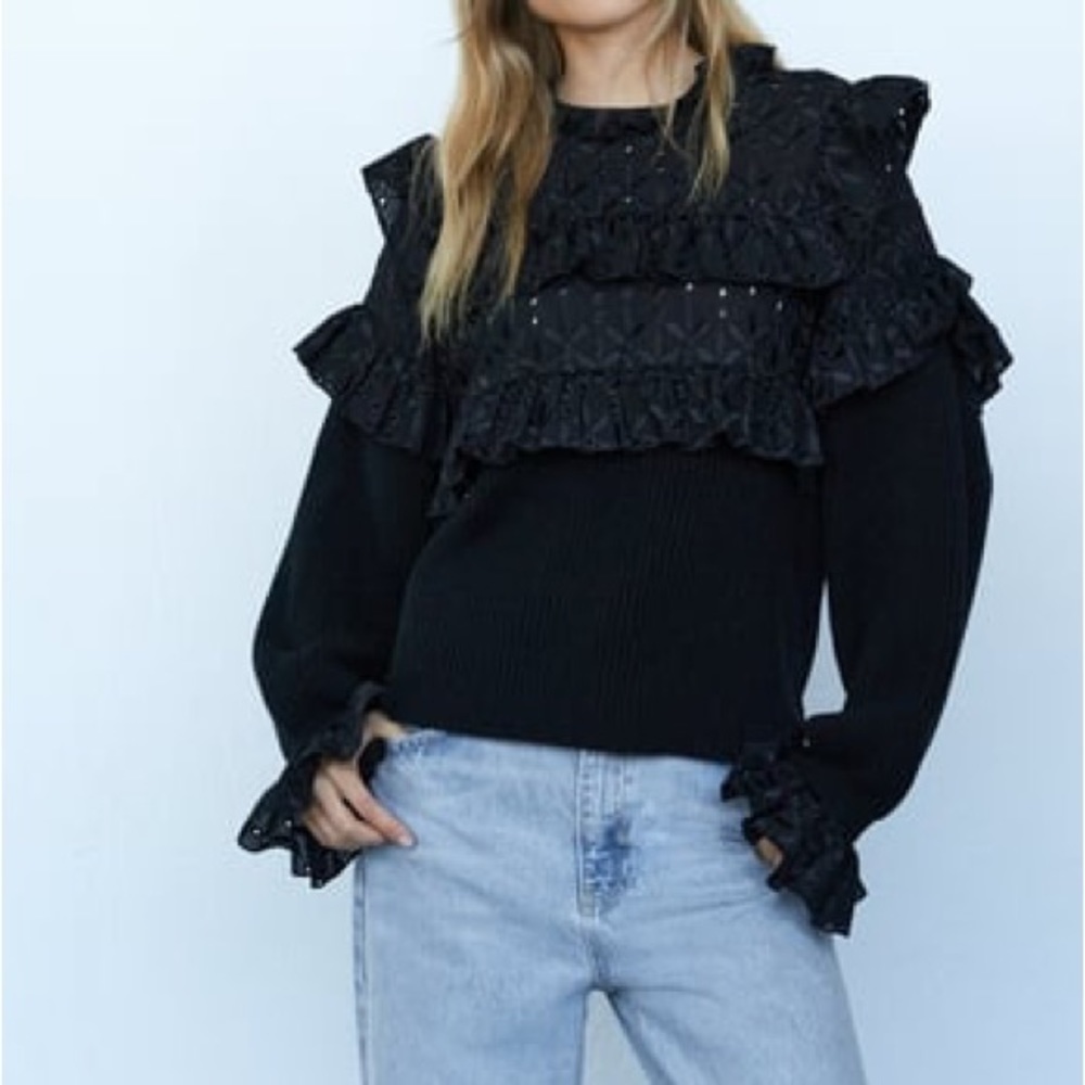 Zara nwt black lace crochet boho bohemian black knitted sweater top - Picture 6 of 7